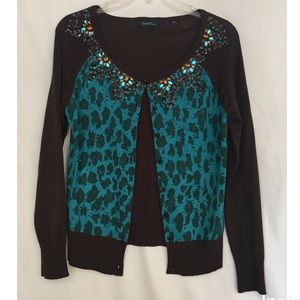 ITEMS brown and turquoise cheetah print cardigan